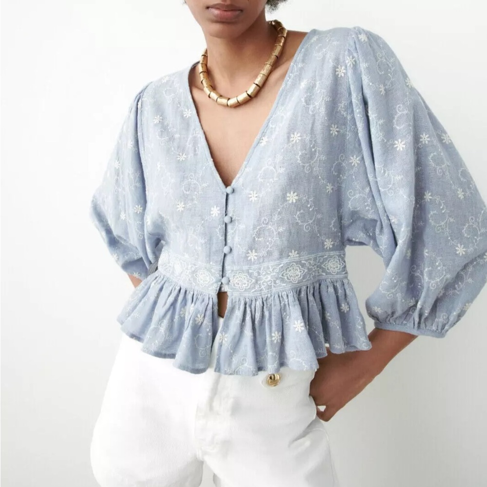 ZARA Cropped Embroidered Blue Top